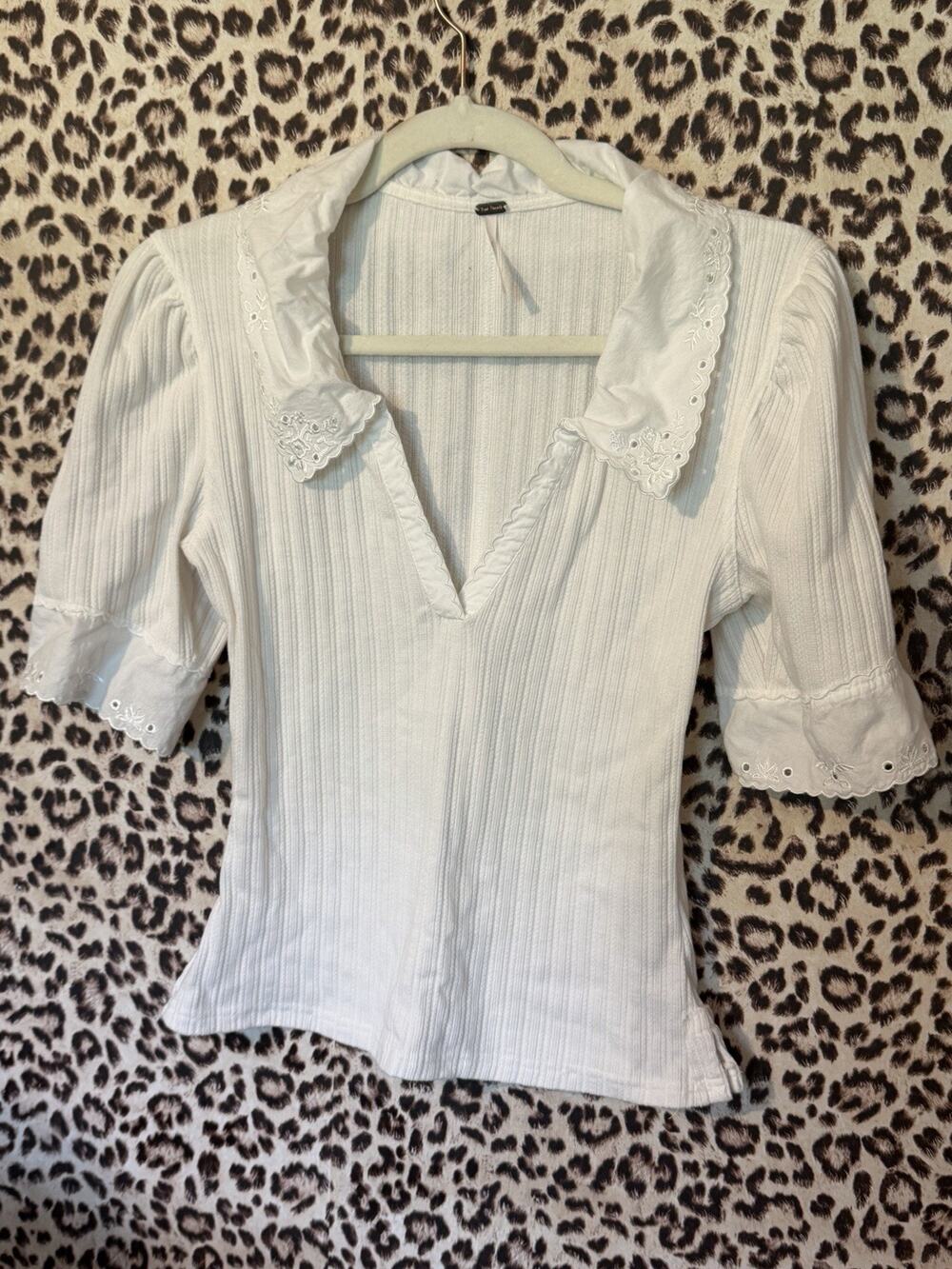 Free People White Roxy Eyelet Embroidered Polo Blouse Top Size M